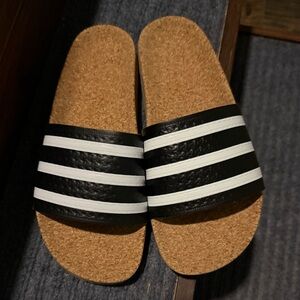 Adidas Adilette Black and White, Cork Sole Slide Sandals